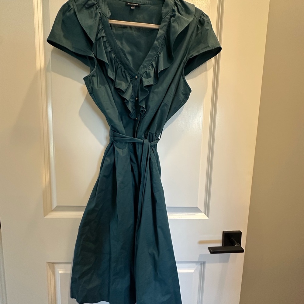 Saks Fifth Avenue Teal Midi Dress Ruffle Detail Cap Sleeve EUC 14 Vintage